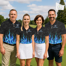 Load image into Gallery viewer, Mixed golf team wearing matching Blue Flame Reaper custom name golf polo shirts