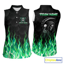 Load image into Gallery viewer, Custom Green Flame Reaper Golf Ball Pattern Womens Sleeveless Golf Polo Shirts Black Golf Team Shirts, Golf Outfit NBT875