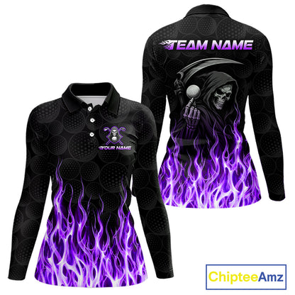 Custom Purple Flame Reaper Golf Ball Pattern Womens Golf Polo Shirts Black Tournament Golf Team Shirts, Golf Outfit NBT876