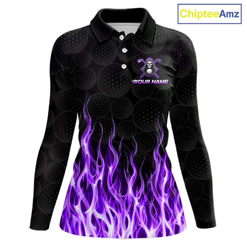 Custom Purple Flame Reaper Golf Ball Pattern Womens Golf Polo Shirts Black Tournament Golf Team Shirts, Golf Outfit NBT876