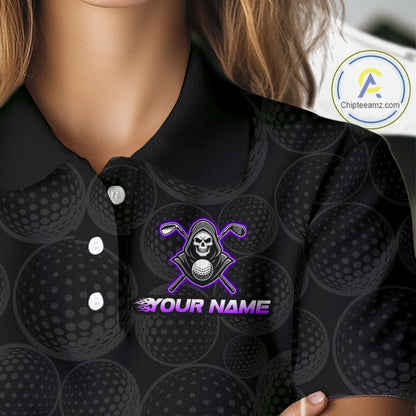 Custom Purple Flame Reaper Golf Ball Pattern Womens Golf Polo Shirts Black Tournament Golf Team Shirts, Golf Outfit NBT876