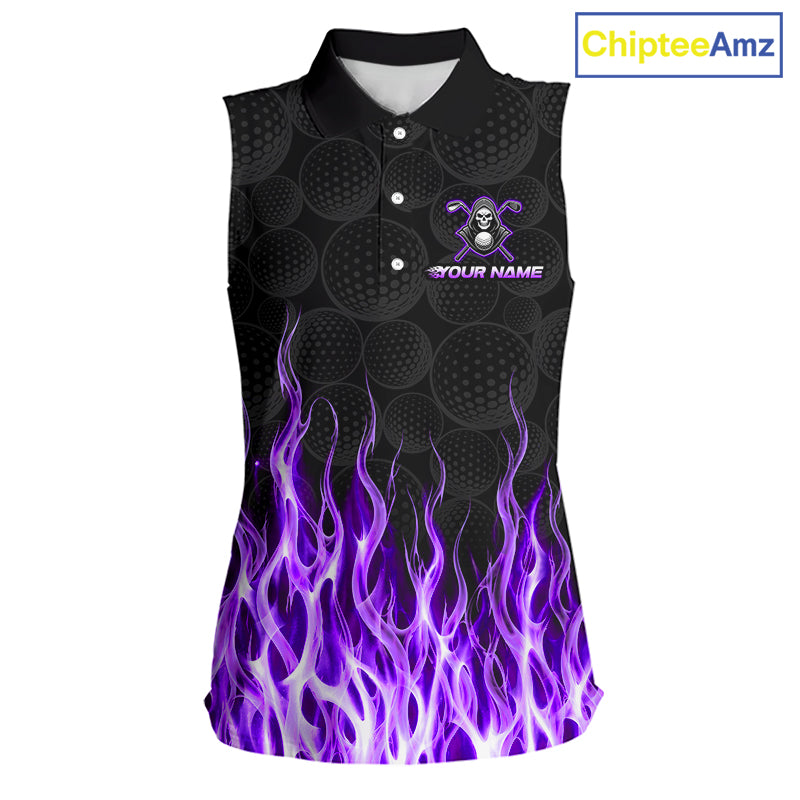 Custom Purple Flame Reaper Golf Ball Pattern Womens Sleeveless Tournament Golf Polo Shirts Black Golf Team Shirts, Golf Outfit NBT876