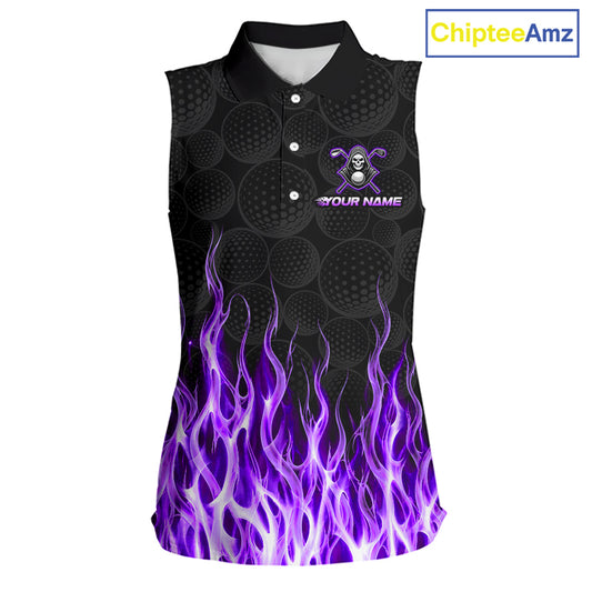 Custom Purple Flame Reaper Golf Ball Pattern Womens Sleeveless Tournament Golf Polo Shirts Black Golf Team Shirts, Golf Outfit NBT876