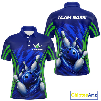 Green And Blue Strike Bowling Shirts For Men, Custom Name Bowling Team Jerseys NBT1023