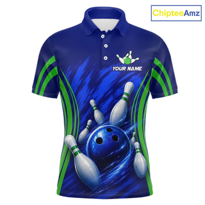 Green And Blue Strike Bowling Shirts For Men, Custom Name Bowling Team Jerseys NBT1023