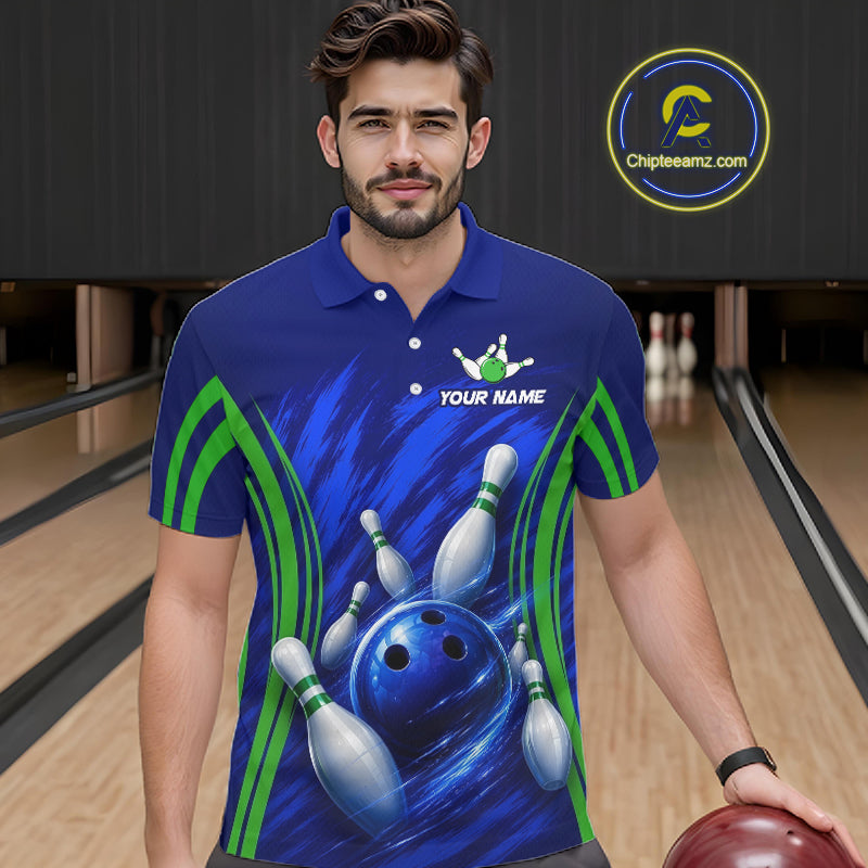 Green And Blue Strike Bowling Shirts For Men, Custom Name Bowling Team Jerseys NBT1023