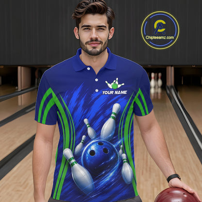 Green And Blue Strike Bowling Shirts For Men, Custom Name Bowling Team Jerseys NBT1023