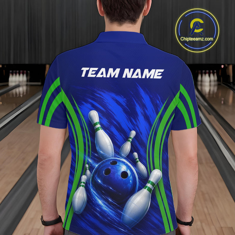 Green And Blue Strike Bowling Shirts For Men, Custom Name Bowling Team Jerseys NBT1023