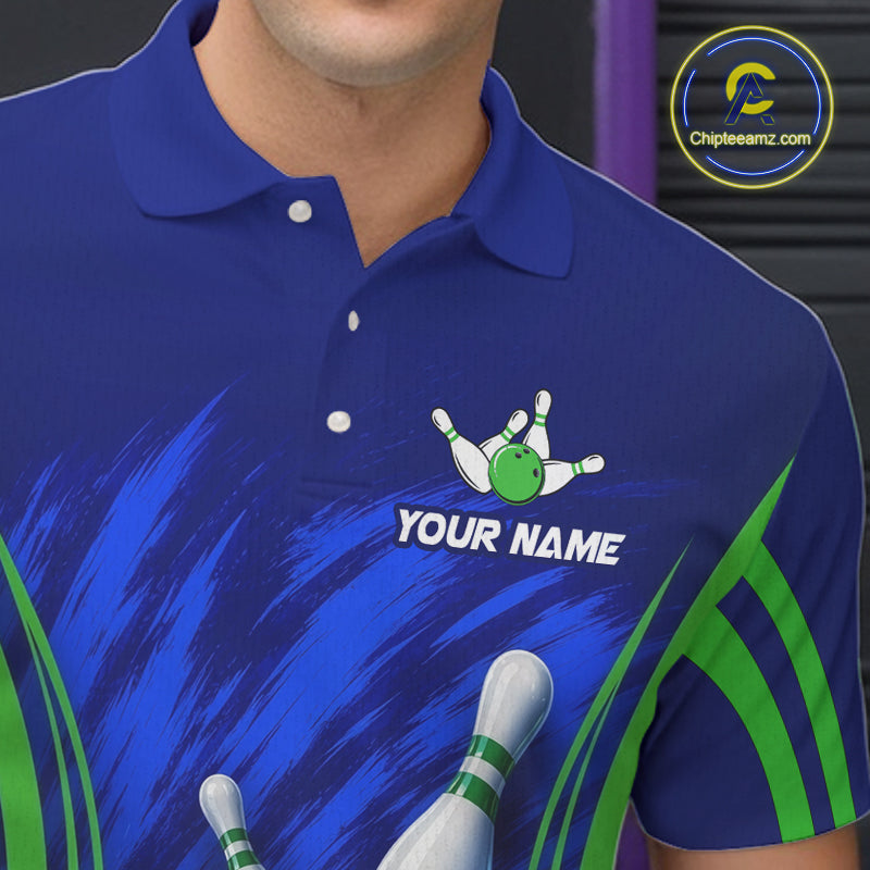 Green And Blue Strike Bowling Shirts For Men, Custom Name Bowling Team Jerseys NBT1023