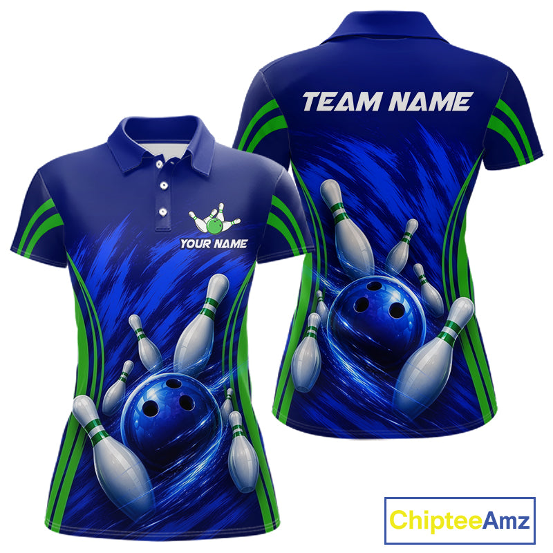 Green And Blue Strike Bowling Shirts For Women, Custom Name Bowling Team Jerseys NBT1023