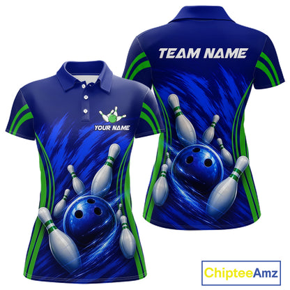 Green And Blue Strike Bowling Shirts For Women, Custom Name Bowling Team Jerseys NBT1023