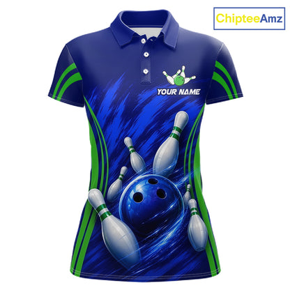 Green And Blue Strike Bowling Shirts For Women, Custom Name Bowling Team Jerseys NBT1023