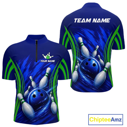 Green And Blue Strike Bowling Shirts For Men, Custom Name Bowling Team Jerseys NBT1023