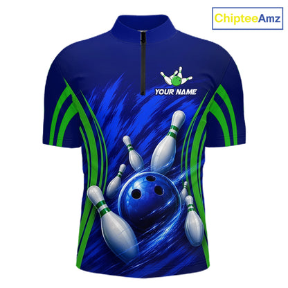 Green And Blue Strike Bowling Shirts For Men, Custom Name Bowling Team Jerseys NBT1023