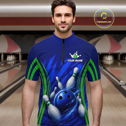 Green And Blue Strike Bowling Shirts For Men, Custom Name Bowling Team Jerseys NBT1023