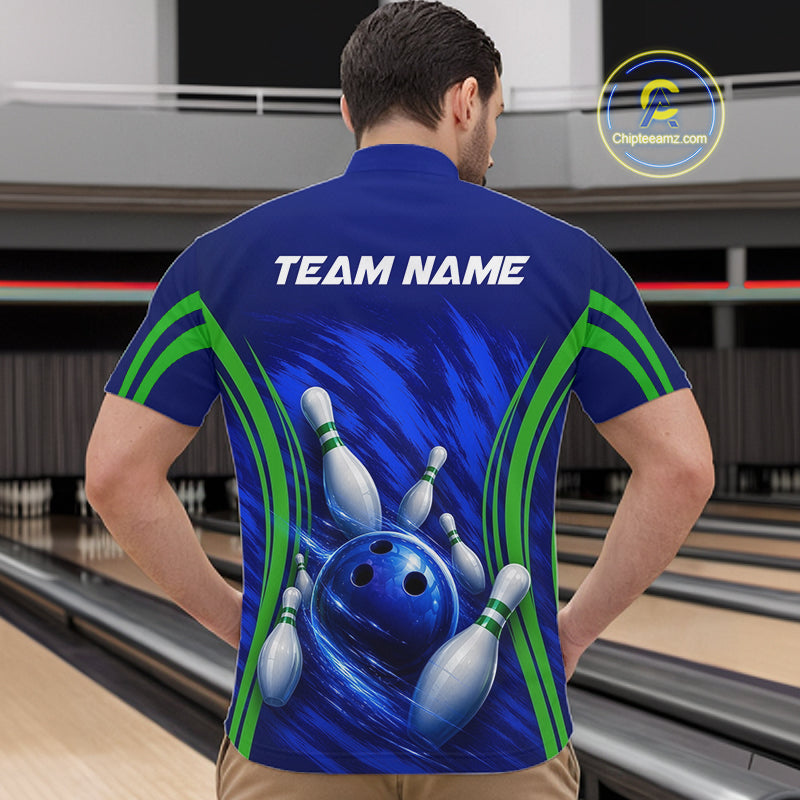 Green And Blue Strike Bowling Shirts For Men, Custom Name Bowling Team Jerseys NBT1023