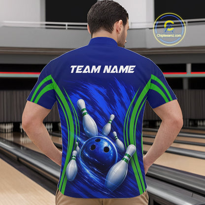 Green And Blue Strike Bowling Shirts For Men, Custom Name Bowling Team Jerseys NBT1023