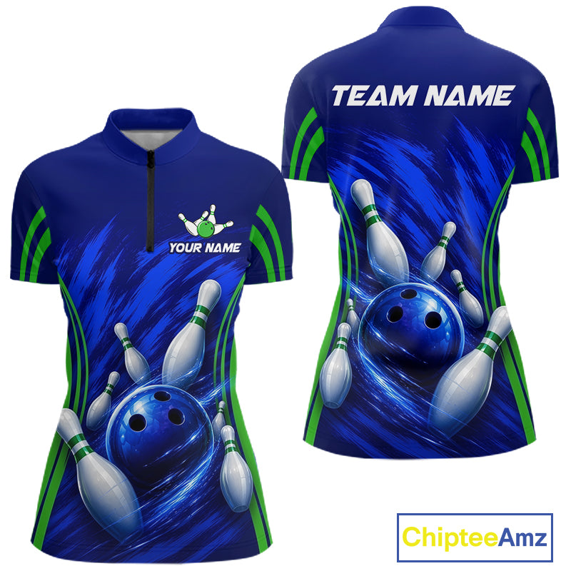 Green And Blue Strike Bowling Shirts For Women, Custom Name Bowling Team Jerseys NBT1023