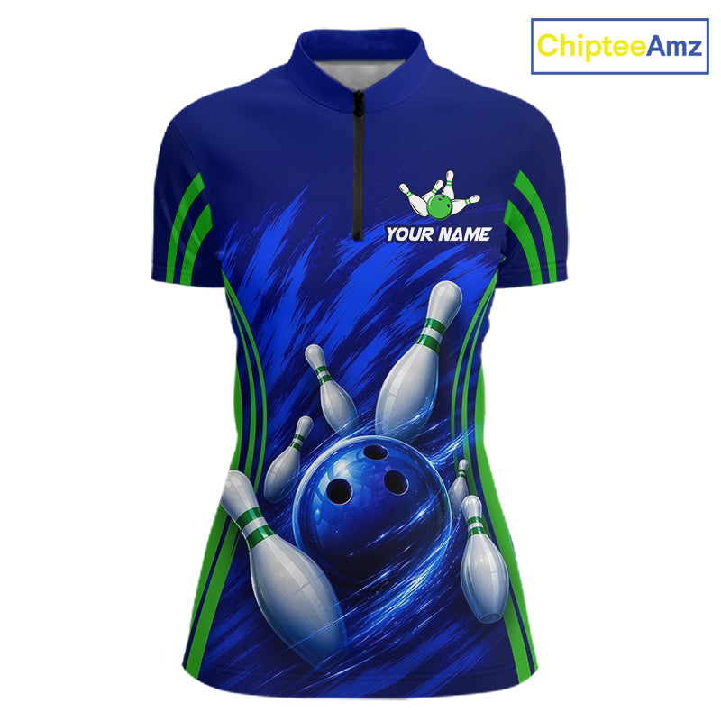 Green And Blue Strike Bowling Shirts For Women, Custom Name Bowling Team Jerseys NBT1023
