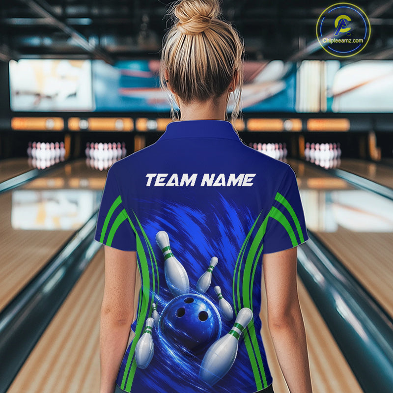 Green And Blue Strike Bowling Shirts For Women, Custom Name Bowling Team Jerseys NBT1023