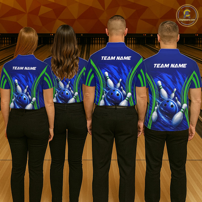 Green And Blue Strike Bowling Shirts For Men, Custom Name Bowling Team Jerseys NBT1023