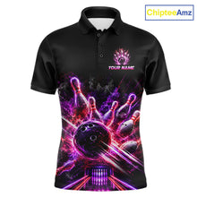 Load image into Gallery viewer, Front view of Custom Funny Cat Bowling Shirt for Men Neon Pink Bowling Jersey Polo &amp; Quarter-Zip