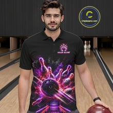 Load image into Gallery viewer, Bowler wearing Custom Funny Cat Bowling Shirt for Men Neon Pink Bowling Jersey Polo on the lanes