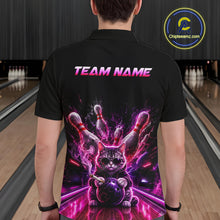 Load image into Gallery viewer, Bowler wearing Custom Funny Cat Bowling Shirt for Men Neon Pink Bowling Jersey Polo on the lanes - backview