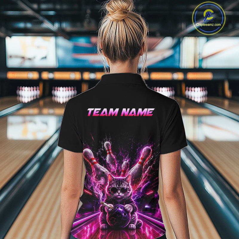 Bowler wear Custom Funny Cat Bowling Shirt For Men Neon Pink Bowling 1/4 Quarter Zip Shirt on the lanes - back view