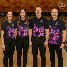 Load image into Gallery viewer, Bowling team wearing matching Custom Funny Cat Bowling Shirt for Men Neon Pink Bowling Jersey Polo with personalized name