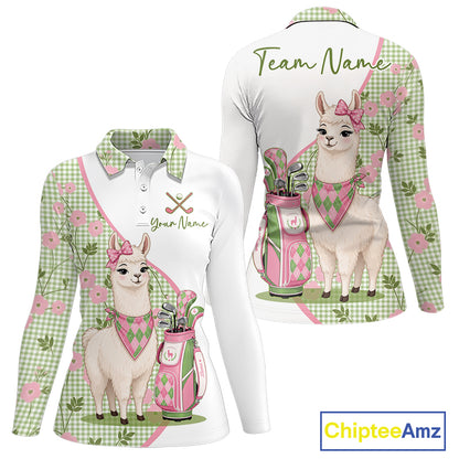 Front and back views of a womens funny alpaca plaid pattern long sleeve golf polo shirt, name text on the chest and team name on the back.