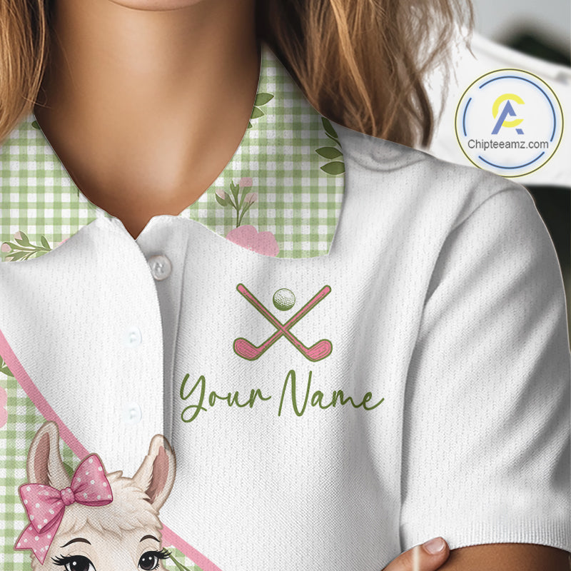 Close-up fabric detail of lightweight 100% polyester quick-dry golf polo shirt with "Your Name" on the chest.
