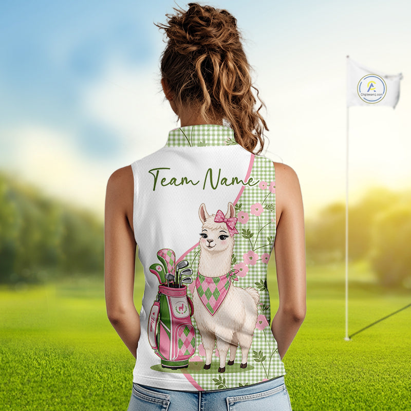 Funny Alpaca Llama Plaid Pattern Womens Sleeveless Golf Polo Shirts, Personalized Golf Gifts NBT791