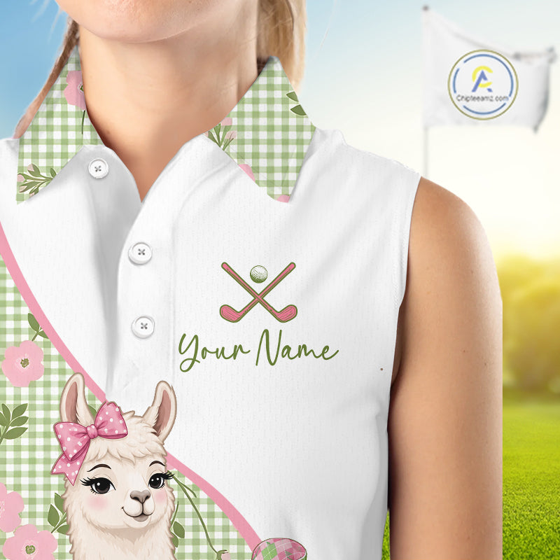 Funny Alpaca Llama Plaid Pattern Womens Sleeveless Golf Polo Shirts, Personalized Golf Gifts NBT791