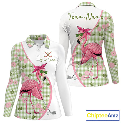 Front and back views of a womens funny flamingo plaid pattern long sleeve golf polo shirt, name text on the chest and team name on the back.