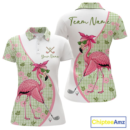 Front and back views of a womens funny flamingo plaid pattern golf polo shirt, name text on the chest and team name on the back.