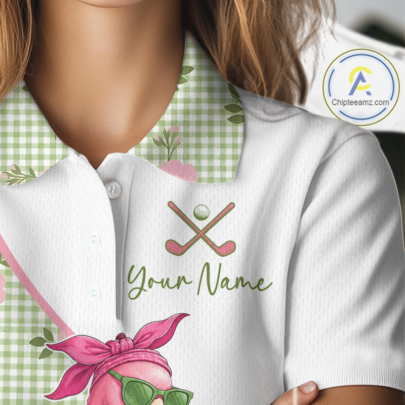 Close-up fabric detail of lightweight 100% polyester quick-dry golf polo shirt with "Your Name" on the chest.
