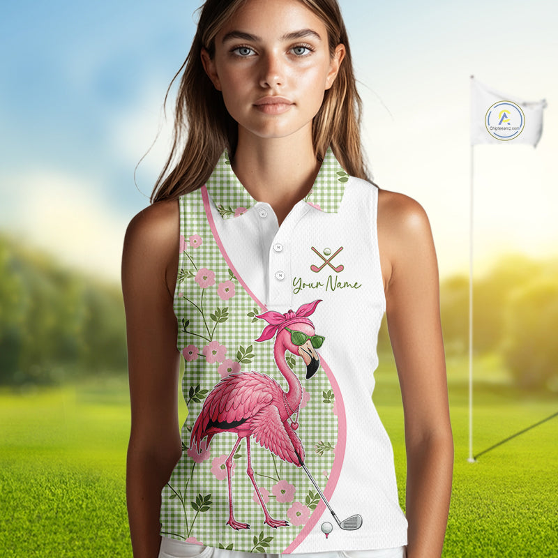 Funny Pink Flamingo Plaid Pattern Womens Sleeveless Golf Polo Shirts, Personalized Golf Gifts NBT792