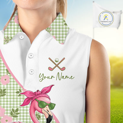 Funny Pink Flamingo Plaid Pattern Womens Sleeveless Golf Polo Shirts, Personalized Golf Gifts NBT792