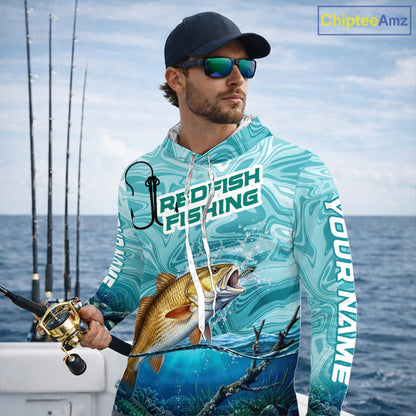 Custom Redfish Long Sleeve Hooded Performance Fishing Shirts, Water Camo Saltwater Fishing Jerseys NBT691