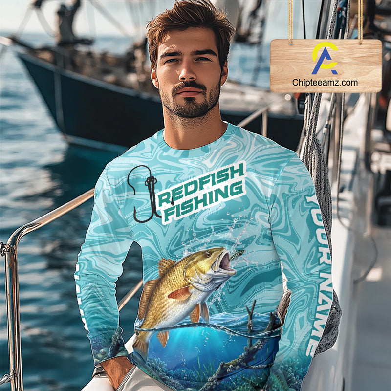 Custom Redfish Long Sleeve Performance Fishing Shirts, Water Camo Saltwater Fishing Jerseys NBT691