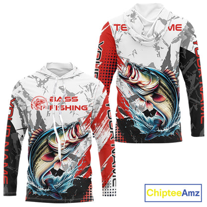 Front and back views of a bass long sleeve hooded fishing shirt with custom name text on the sleeve and team name on the back.