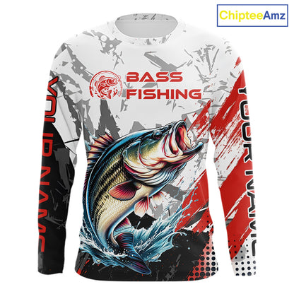 Front view of a bass fishing shirt long sleeve with name text on the sleeves.