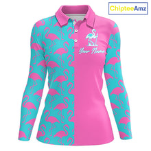 Load image into Gallery viewer, Women Golf Polo Shirt Pink And Blue Flamingos Pattern Custom Team Flamingo Golf Shirts NBT797