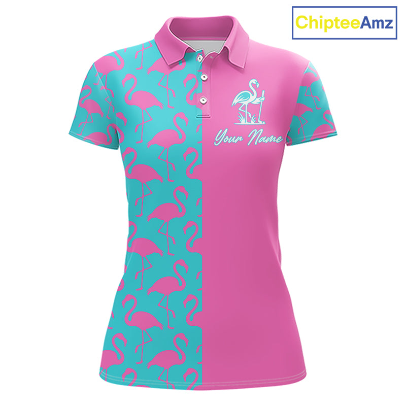 Front view of women’s golf polo shirt with pink and blue flamingos pattern