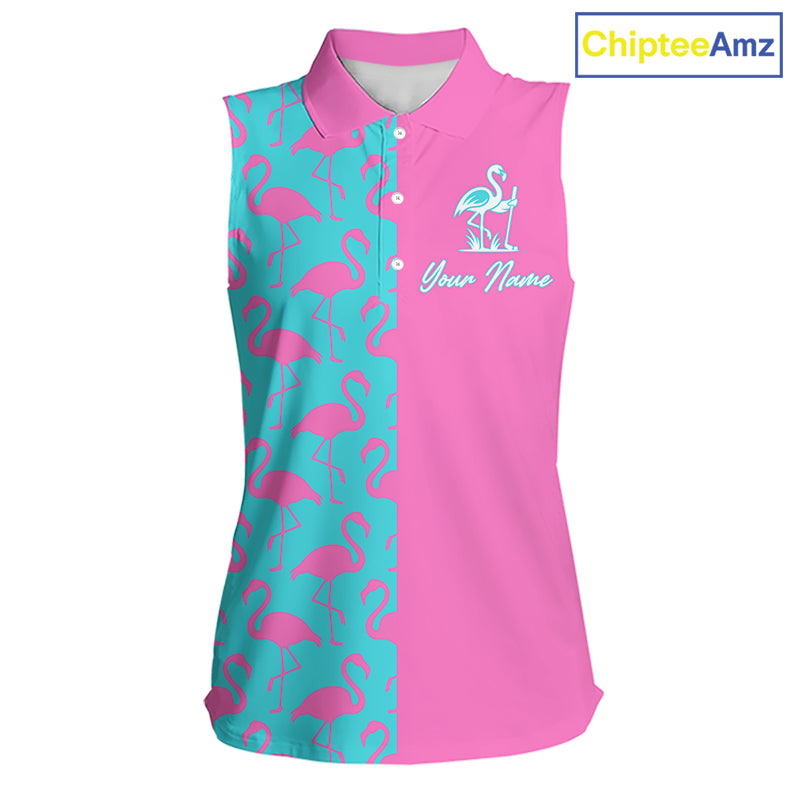 Front view of women’s sleeveless golf polo shirt with pink and blue flamingos pattern