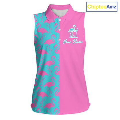 Front view of women’s sleeveless golf polo shirt with pink and blue flamingos pattern