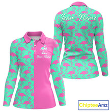 Load image into Gallery viewer, Women Golf Polo Shirt Green And Pink Flamingos Pattern Custom Team Flamingo Golf Shirts NBT798
