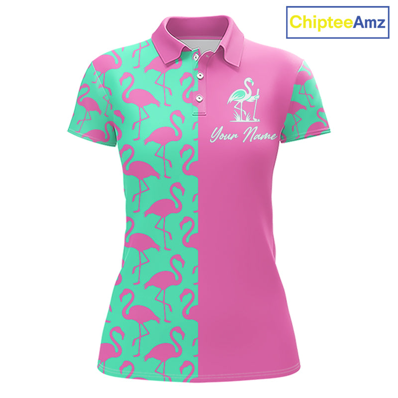 Front view of women’s golf polo shirt with pink and green flamingos pattern