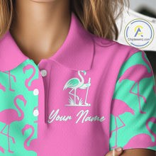 Load image into Gallery viewer, Women Golf Polo Shirt Green And Pink Flamingos Pattern Custom Team Flamingo Golf Shirts NBT798